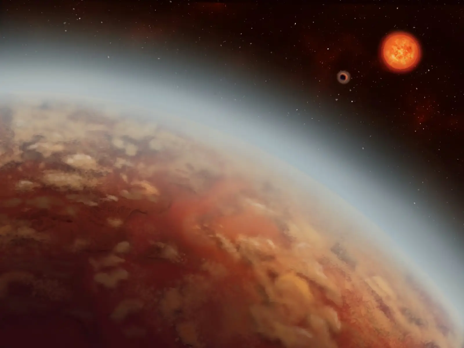 Super-Earth exoplanet with clouds orbiting a red dwarf star